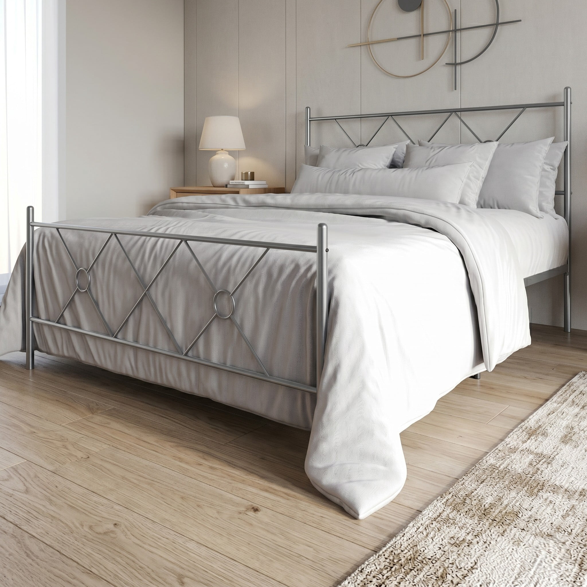 Home Design Marietta Twin Modern Metal Bed, Diamond Pattern Design, No Box Spring Needed, Sliver Gray, Easy Assembly