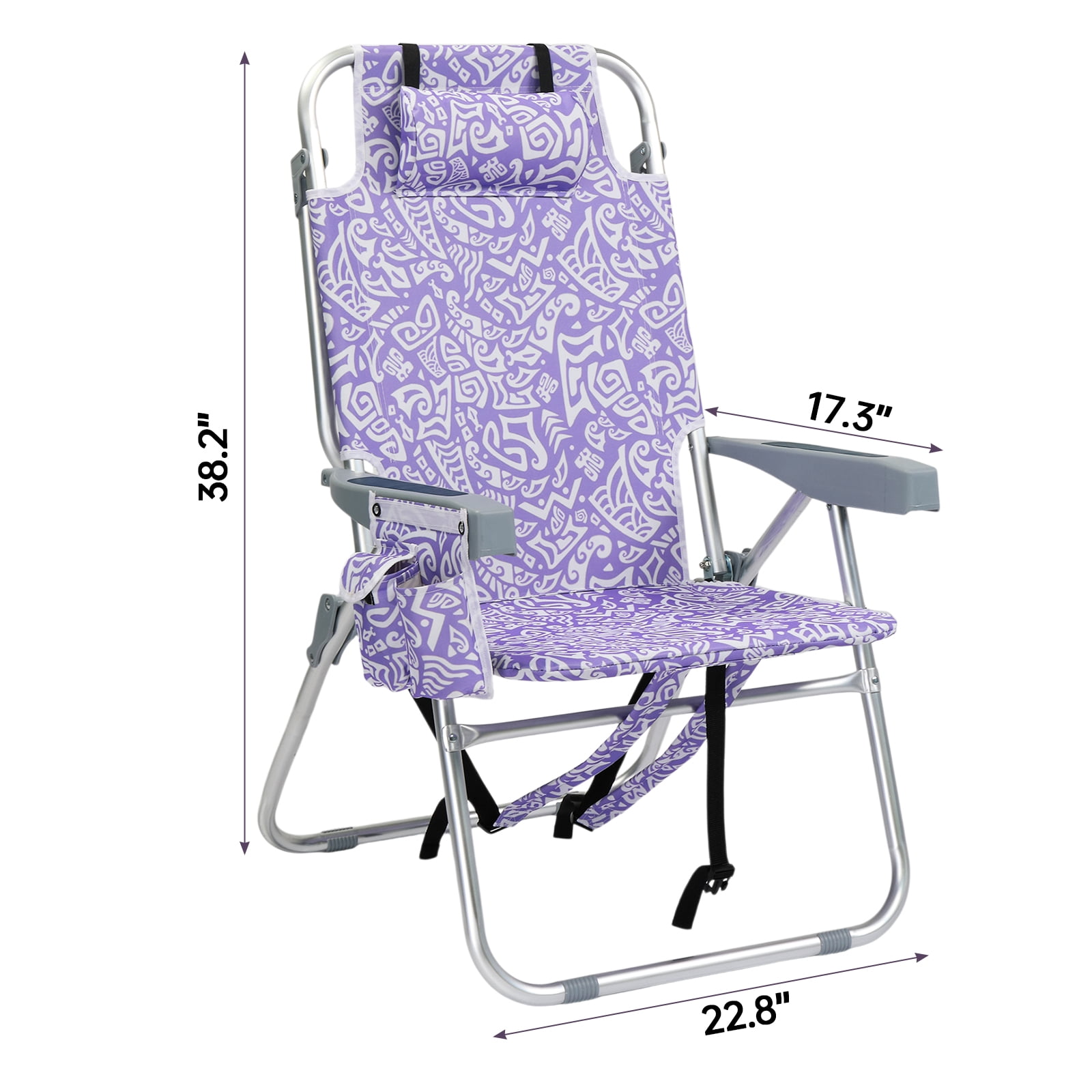Folding Beach Chair 5-Position Adjustable Backrest Lay Flat Higher Seat Portable Outdoor Chair with Storage Pockets & Cup Holder Lightweight Aluminum Frame