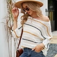 thumbnail image 2 of Tops sueltos para mujer europeos y americanos, suéter de punto con manga tres cuartos a rayas de temperamento, blusa de punto hueco con cuello de una línea, 2 of 3