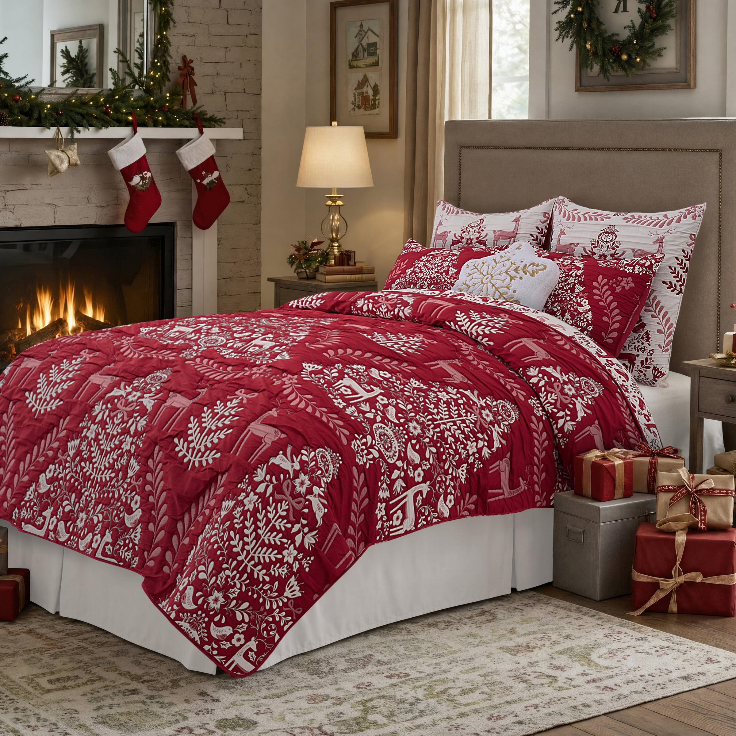 Greenland Home Noella Red Holiday Reversible Coverlet Set, 3-Piece King, for Adults