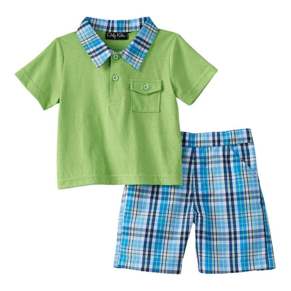 Only Kids Infant Boys 2 Piece Green Polo T-Shirt & Blue Plaid Shorts 12m