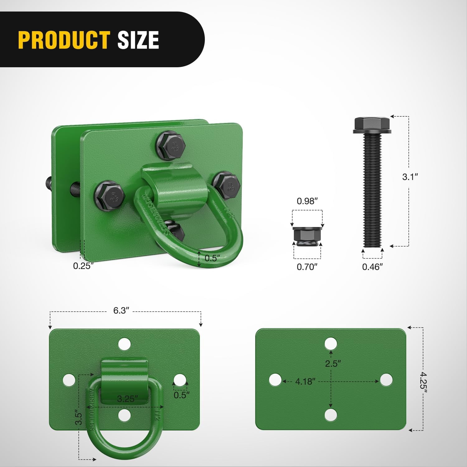 Nilight 2Pcs 1/2" D Rings for Trailers Heavy Duty Trailer Tie Down Rings, Grade 70 Forged Steel Bolt-On Grab with Back Plates for Tractor Bucket RV UTV Truck MBS 12000 lbs, Green