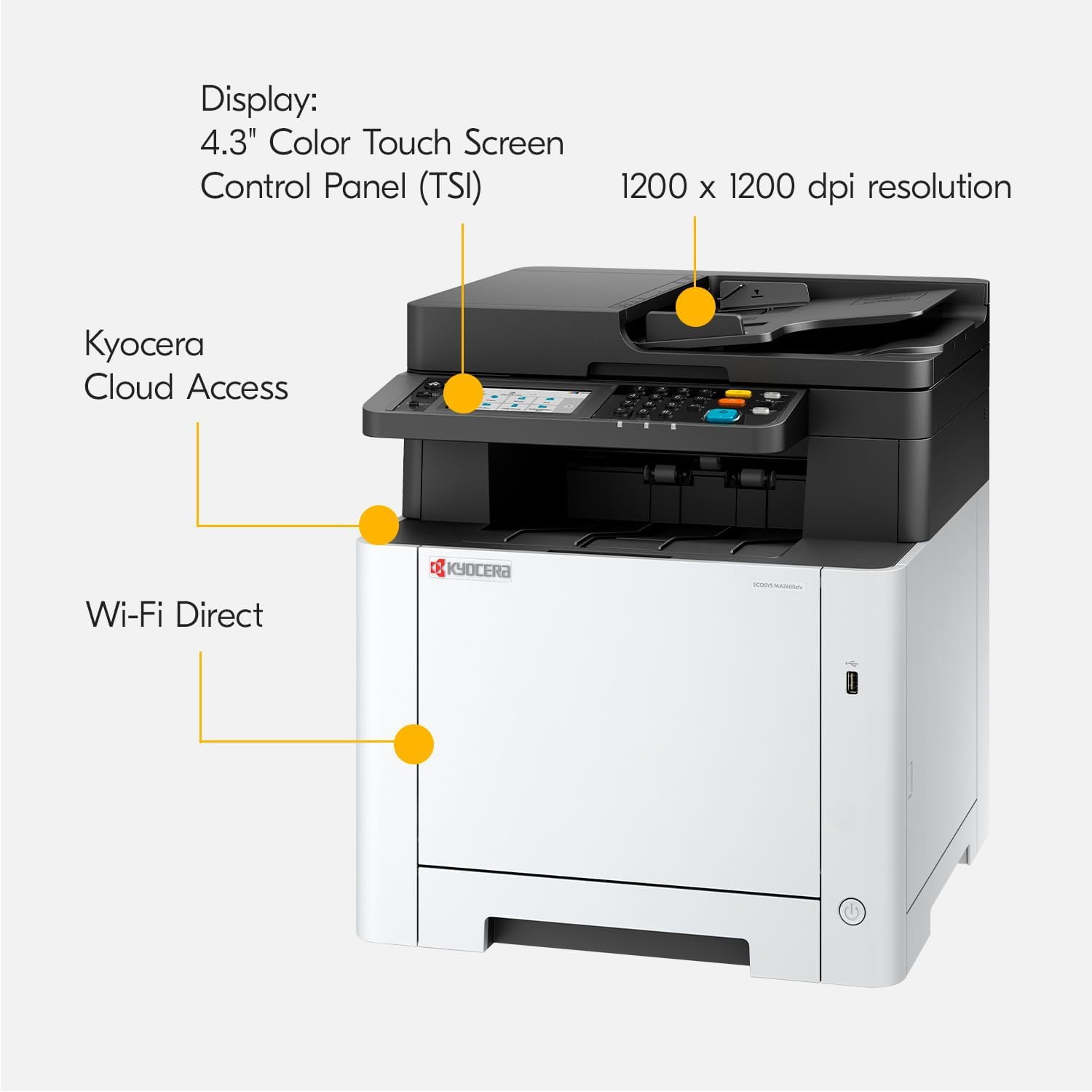 Kyocera ECOSYS MA2600cwx A4 Color Laser Printer - Copy, Print, Scan, 27 ppm, 1200 dpi, Wi-Fi Direct, 1GB Memory, 4.3 inch Color Touch Screen Control Panel