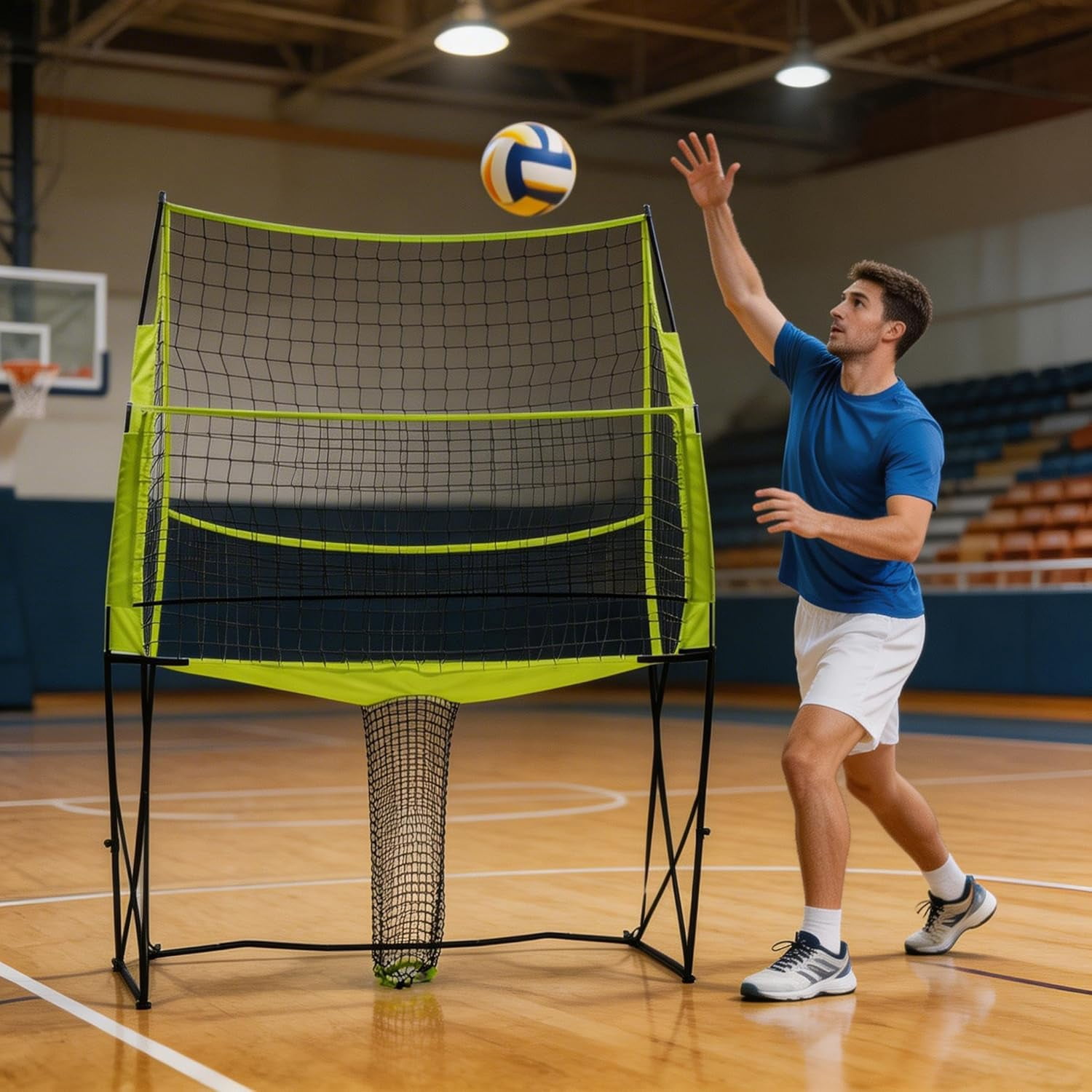 Portable Volleyball Practice Net System, Adjustable 8ft/7ft 3in/6ft 6in Heights, Steel Frame with Carry Bag, Green, Indoor & Outdoor