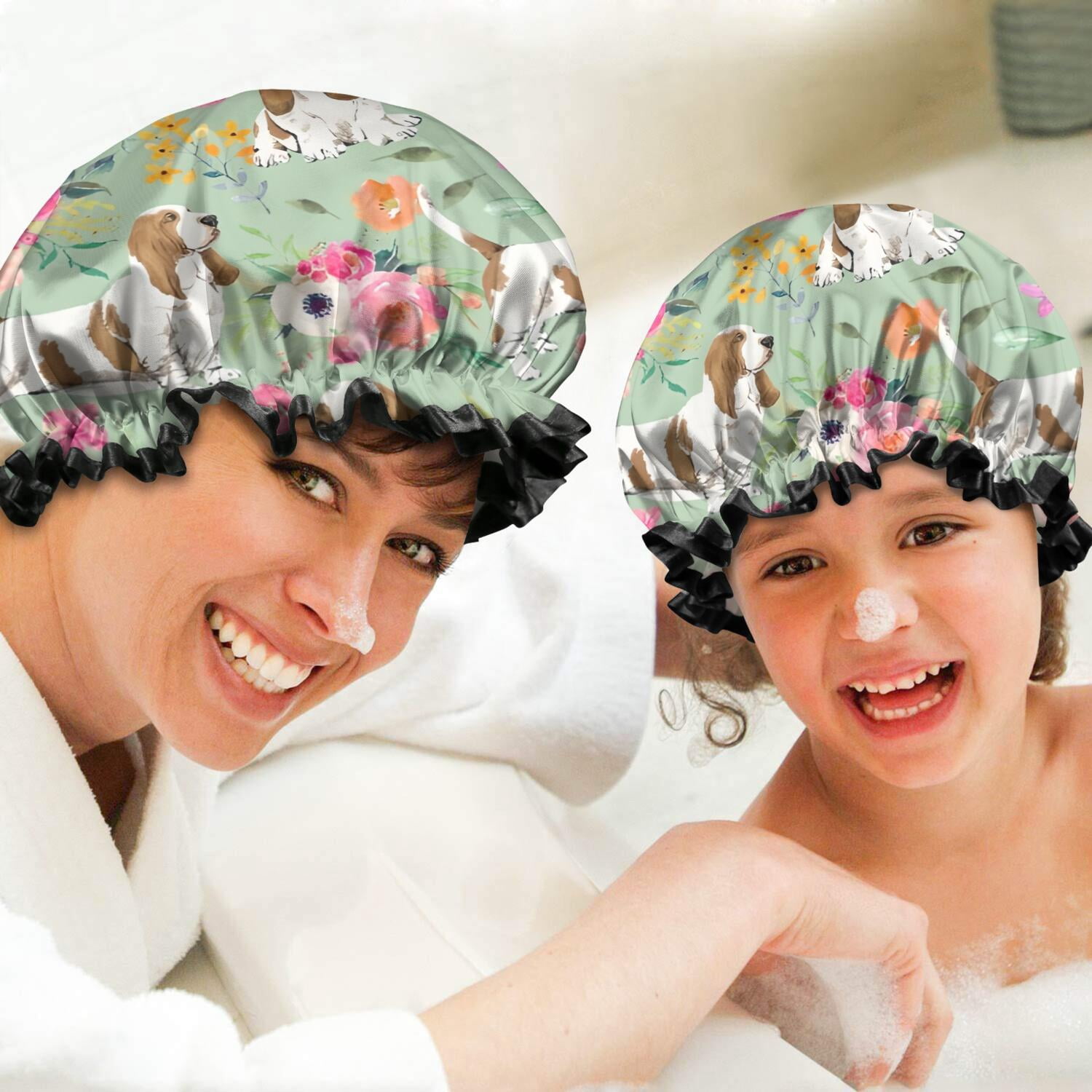 Shower Caps,Basset Hound and Pioneer Flower Waterproof Shower Cap for Women 4 Pieces,Double Reusable Hair Cover for Shower PEVA Elastic Stretch Hem