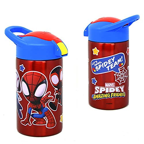 Zak Designs, Inc Spidey and Friends Stainless Steel Bottle for Kids - Spider-Man Kids Insulated Water Bottle with Push Button Spout, Perfect Water Bottle for Kids for School Days and Trips -