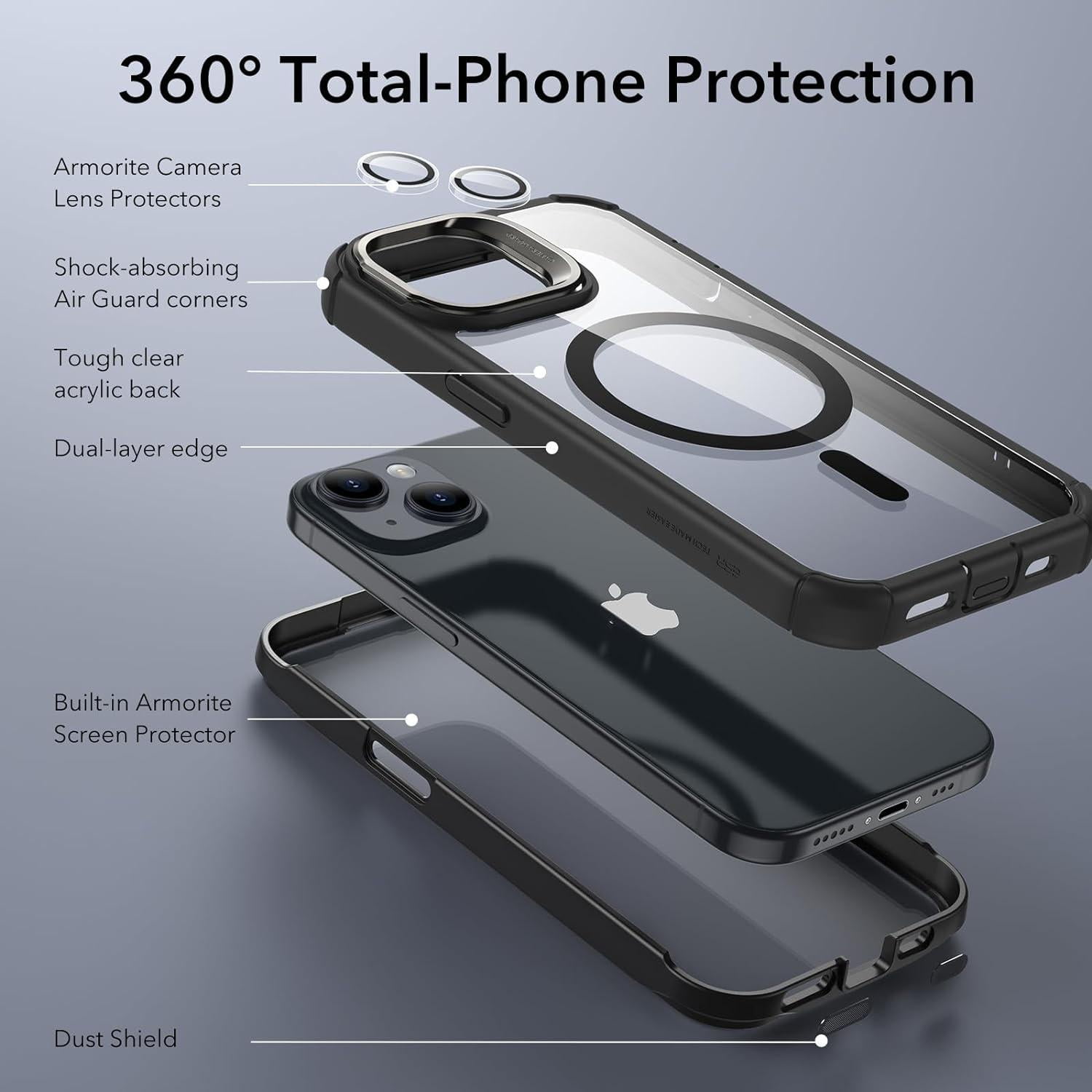 ESR Mag Safe Slim Cell Phone Case with Camera Lens Protectors for 15 Plus, Clear Black