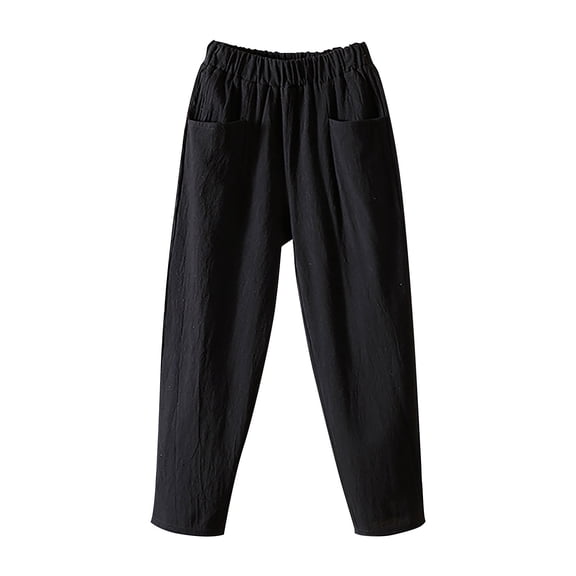 Women's Pants Fashion Plus Size Pants Solid Color Cotton Flax Elastic Long Beach Leisure Trousers