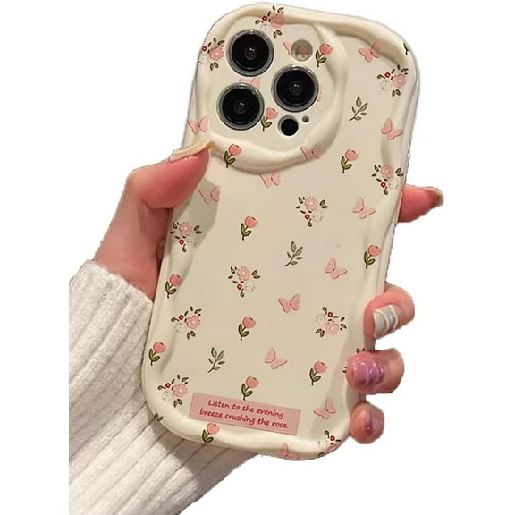 Small Flowers Butterfly Wavy Frame Soft Phone Case Compatible with iPhone Case (White,iPhone 12 Pro Max)