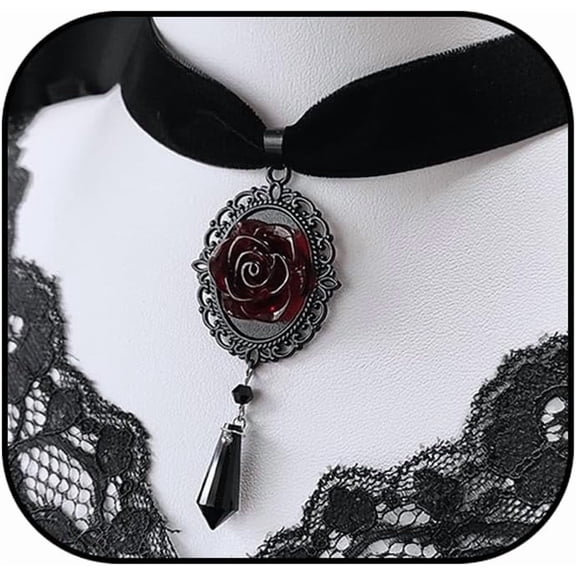 Rrdaily Black Rose Cameo Pendent Choker,Gothic Velvet Choker Necklace Vintage Resin Red Crystal Gem Pendent Necklaces Witch Jewelry for Women