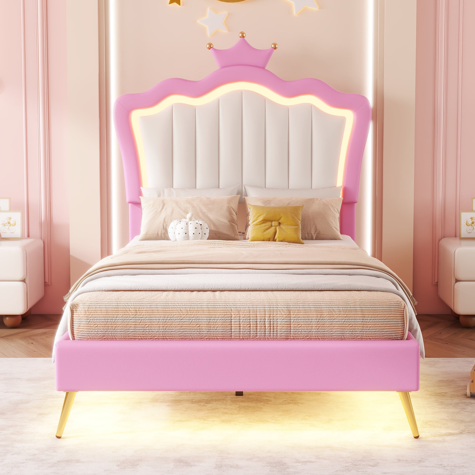 Bellemave Twin Size Upholstered LED Bed Frame, Princess Platform Bed with Crown Headboard, Pink Cute Girls Full Beds with Wooden Slats Support, No Box Spring Needed-Pink