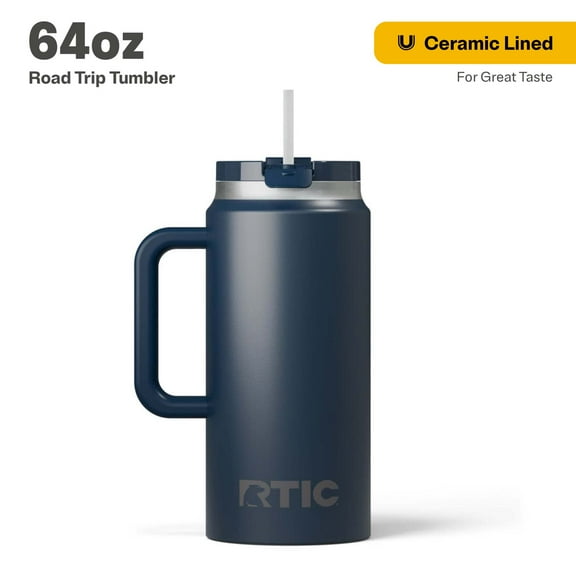 RTIC 64 oz Ceramic Lined Insulated Road Trip Tumbler, Leak-Resistant Lid, Navy