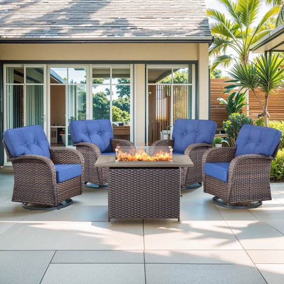 Gymojoy 5-Piece Patio Conversation Set with 4 Swivel Glider Lounge Chairs with 5 Inch Cushions and 41 Inch Fire Pit Table,50,000 BTU, Outdoor Furniture Set for Garden, Deck, Backyard