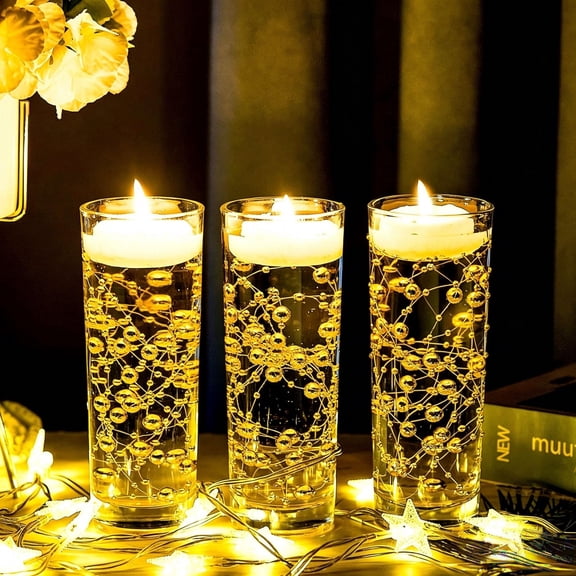 24 Pcs Artificial Pearl String for Floating Candle, Faux Pearls Beads Garland Centerpiece Decoration for Vases Filler, Wedding, Party & Holiday Home Decor (Gold)