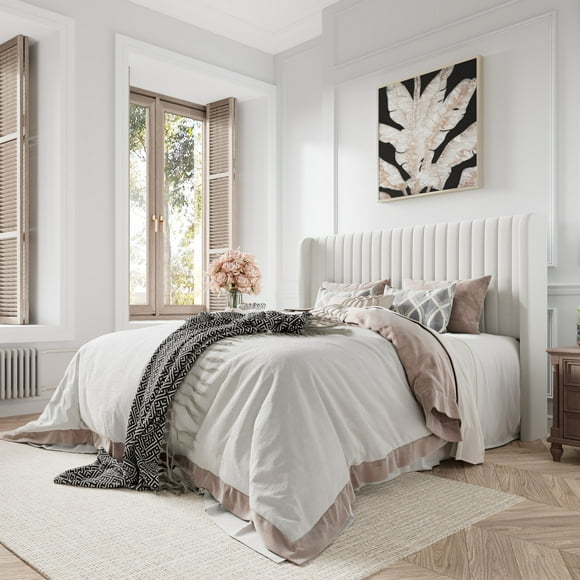 Amolife Queen Size Velvet Upholstered Bed with Wingback Headboard, Off-white