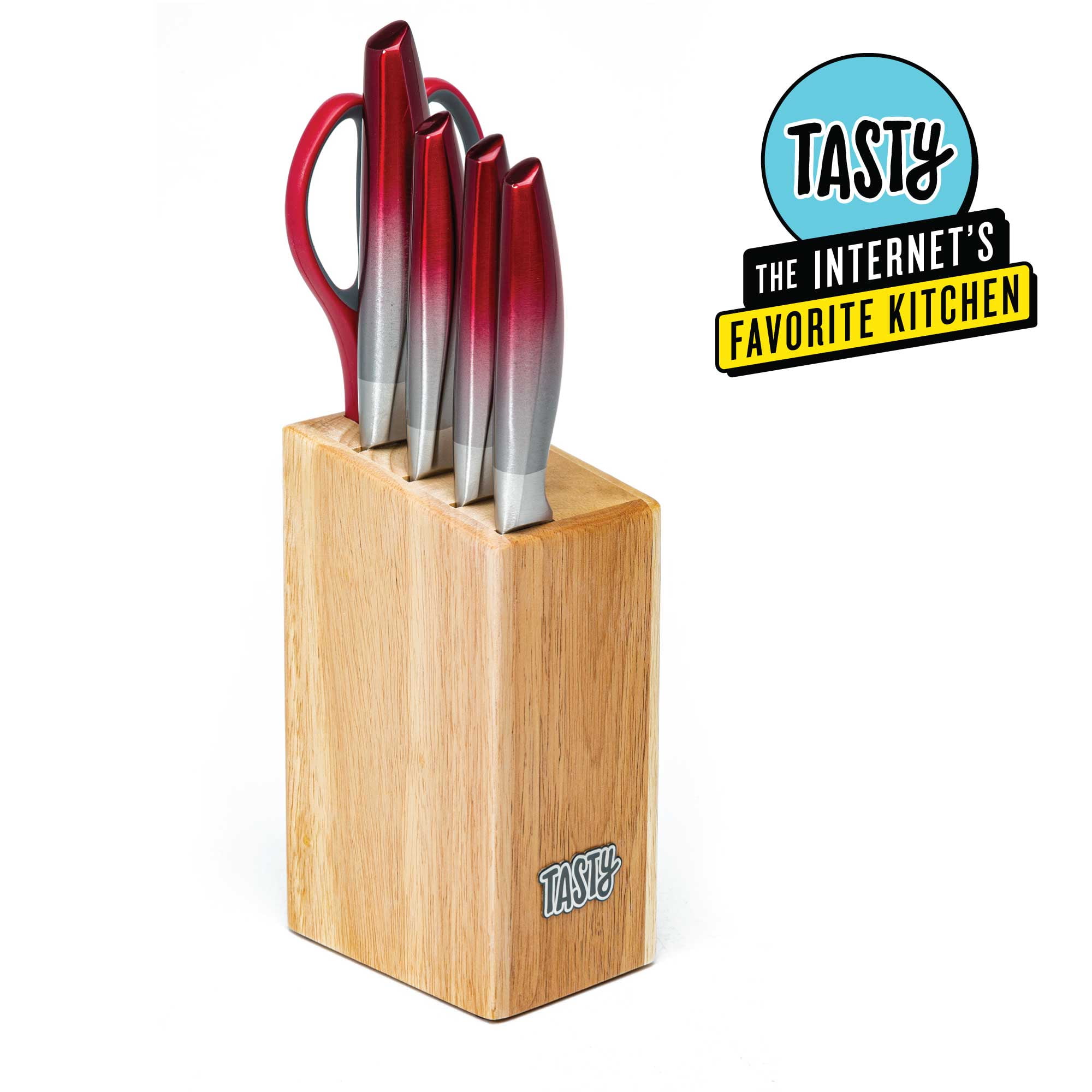 Tasty 6 Piece Prep Knife Block Set, Cutlery Set with Stainless Steel Blades, Red