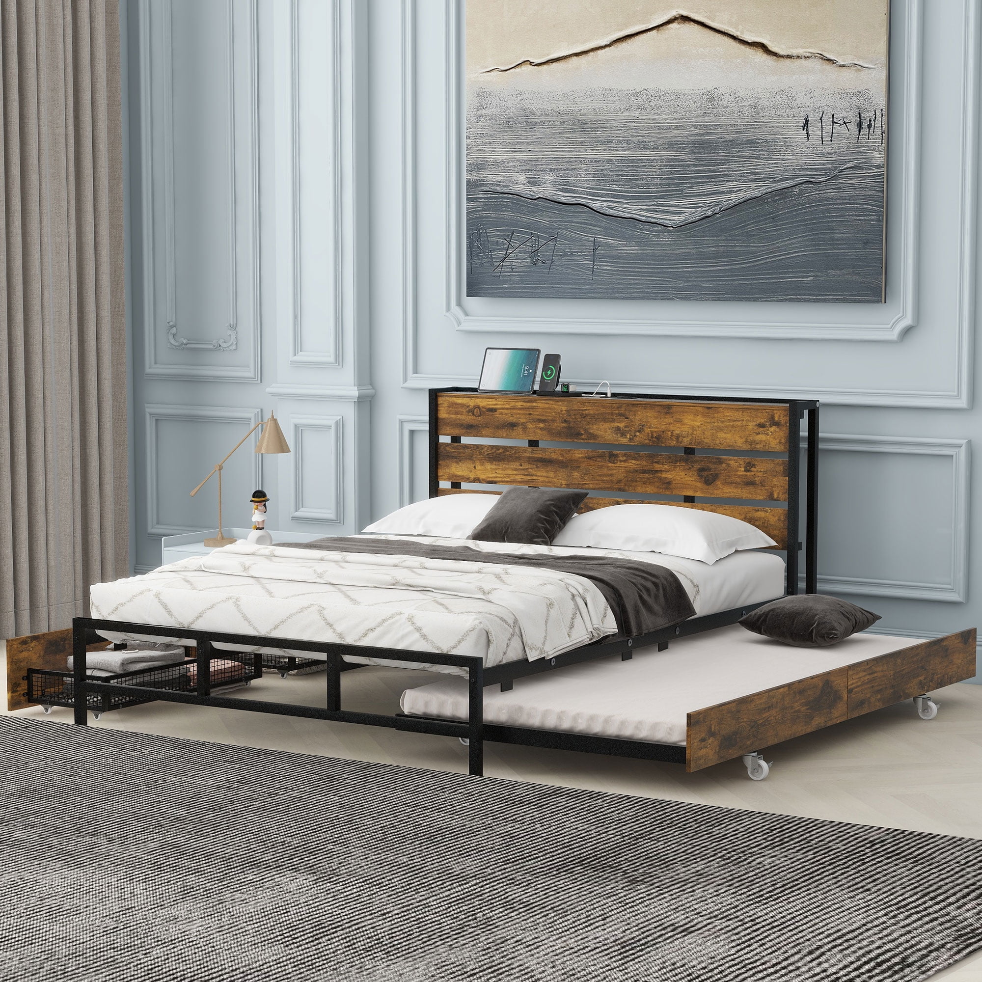 Euroco Wood Metal Queen Size Platform Bed with Functional Headboard, 4 Storage Drawers, Charging Station and USB Ports, Black