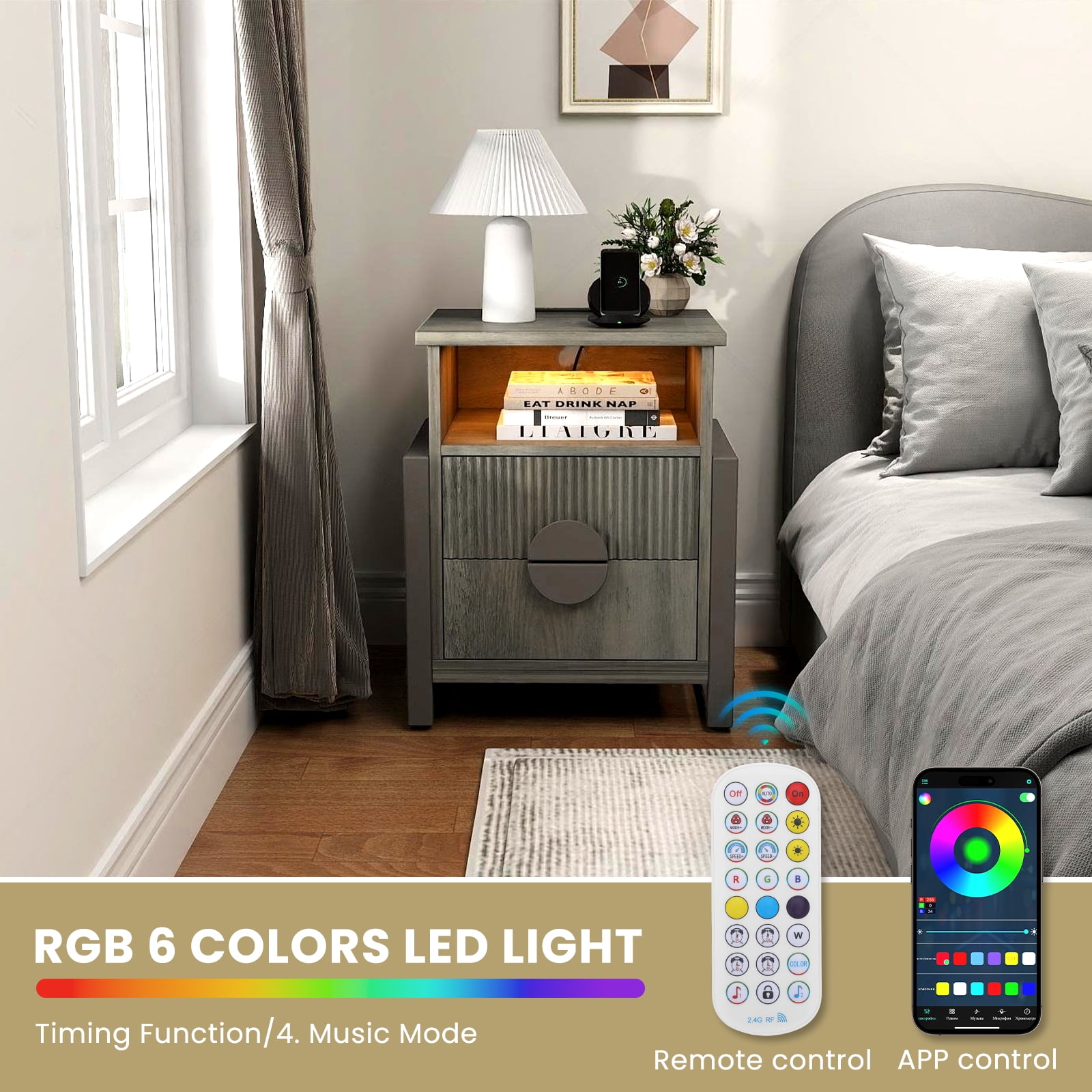Holliwill Nightstand with Charging Station Set of 2, 2 Drawer Dresser for Bedroom with LED Light, Fluted Bedside Table End Table Side Table for Living Room, Gray