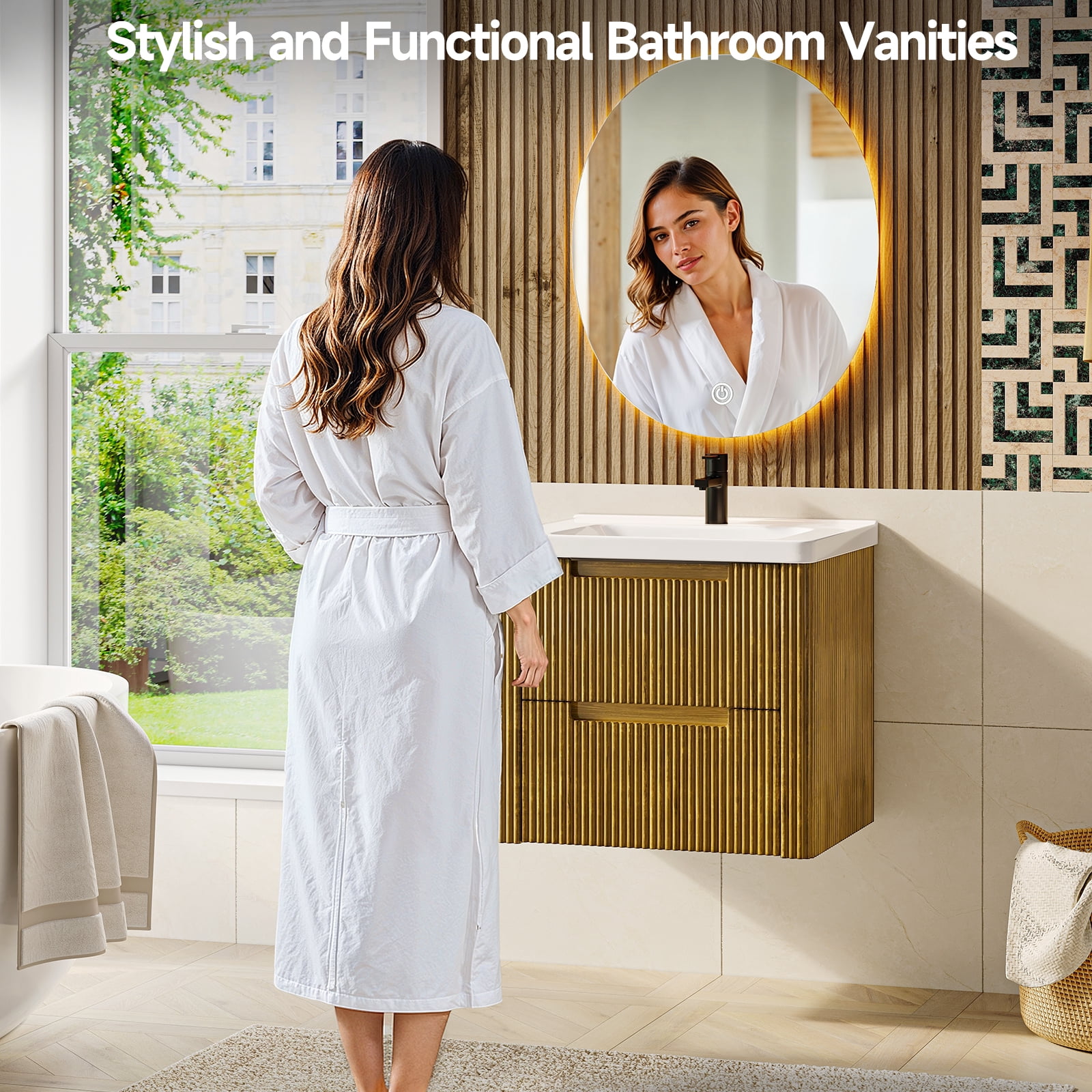 ROGALIS 24" Modern Bathroom Vanity, 2-Drawer, glossy resin Sink, Fluted Design, Drak Gold