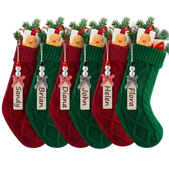 Personalized Christmas Stockings - 18 Inches Hanging Stockings with DIY Snowman Name Tags, 6 pieces Large Size Knitted Stockings for Mantels, Christmas Tree Family Holiday Decor, Red Green White