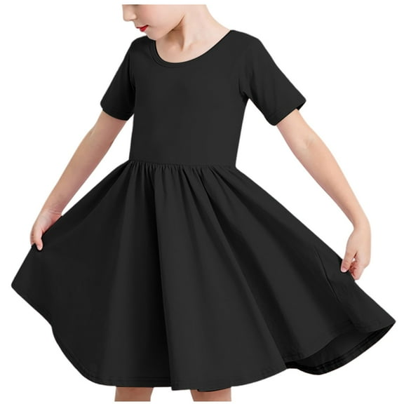 QUOTAY Girls Solid Color Round Neck Short Sleeve Casual Pocket Dress for Kids Comfortable Everyday Age 3-12 Toddler Dress 04_Black,110