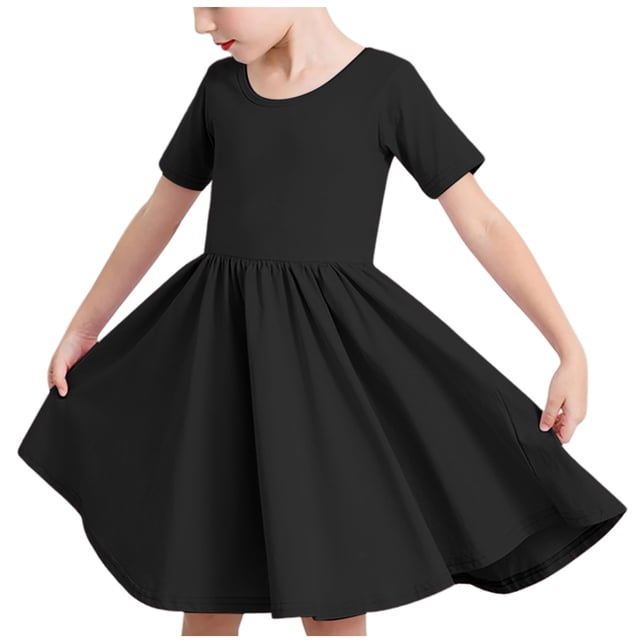 Robe Fille Manches Courtes Évasée Robes de Soleil Robe Déguisement Robe Noire pour Filles Robe Princesse pour Filles