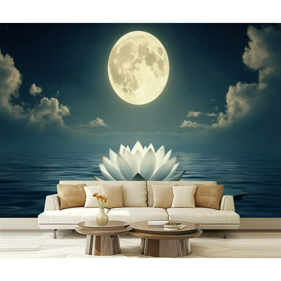 Peel and Stick Wallpaper Lotus Flower Full Moon Ocean Scene Zen Meditation Spiritual Nature Modern Art Wall Mural Decor Self Adhesive and Removable 69in x 98in