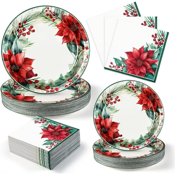 Waipfaru 200 PCS Christmas Paper Plates and Napkins Disposable, Christmas Poinsettia Printed Round Disposable Plates for Christmas Holiday Dinner Birthday Party Supplies