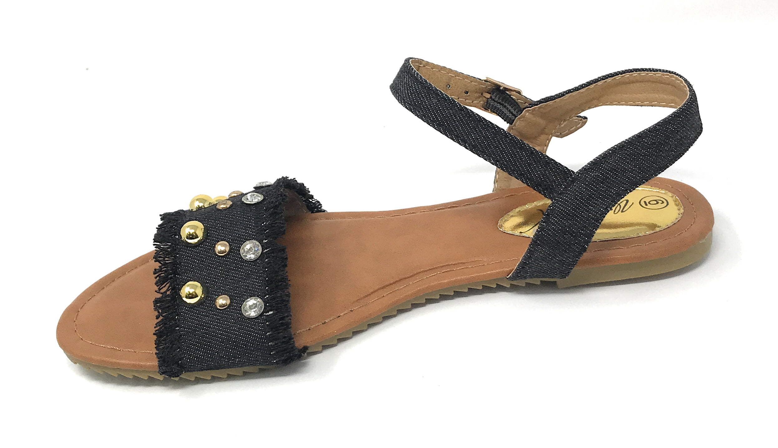 Victoria K Women's Fringed Denim With Studs And Rhinestone Sandals