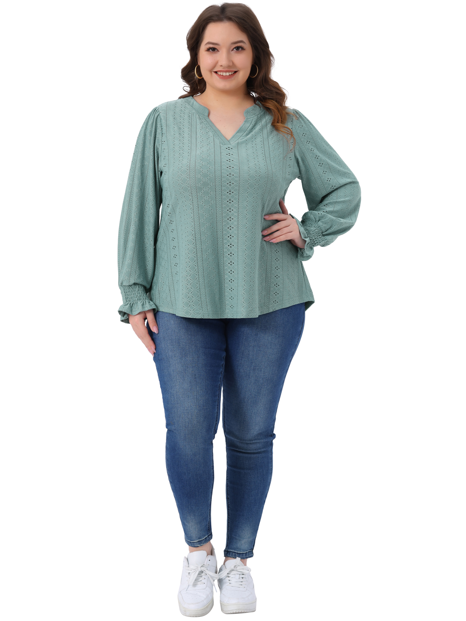 DARING DIVA Women's Plus Notched V Neck Eyelet Smocked Shirts Blouses 1X Bean Green