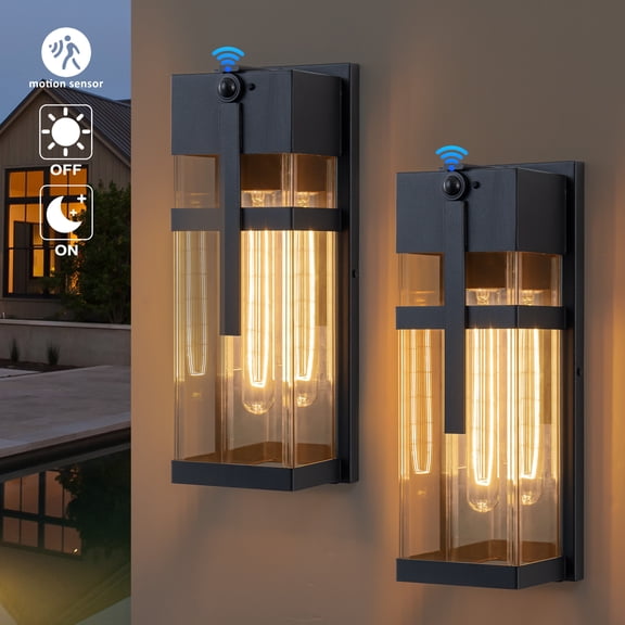 C Cattleya 2-Pack 14.5in Mate Black Motion Sensing Outdoor Wall Lantern with Mirror Reflector and Clear Tempered Glass