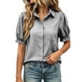 thumbnail image 6 of Admvng Women's Gingham Plaid Shirt Lapel V Neck Puff Ruffle Short Sleeve Chest Pocket Button Down Casual Blouse Tops, 6 of 6