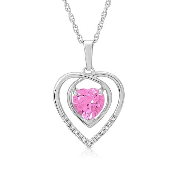 Araiya Fine Jewelry 925 Sterling Silver Diamond and Created Pink Sapphire Heart Pendant Necklace for Female (1/20 Cttw, I-J Color, I2-I3 Clarity), 18"