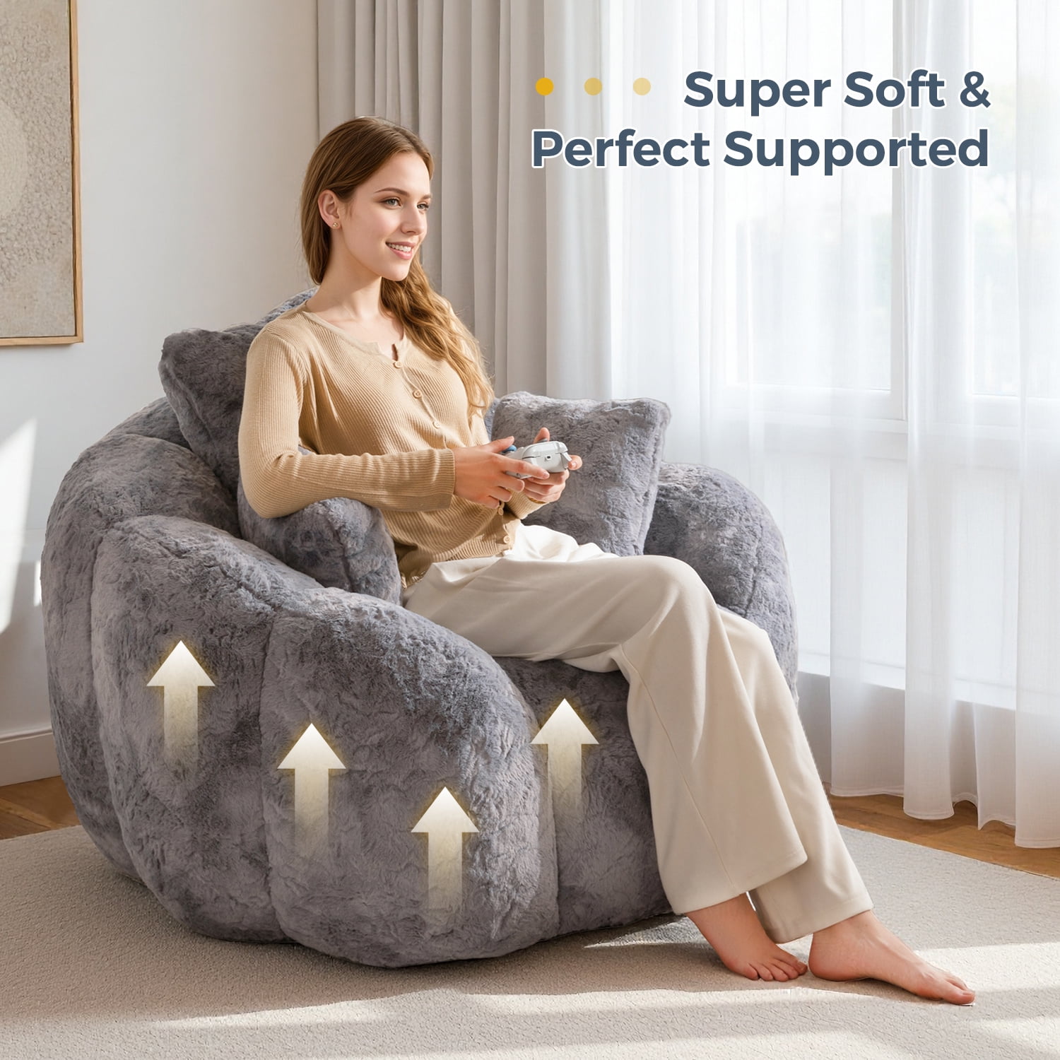 GOODONE Floral Shaped Bean Bag Chair,Oversized Bean bag Sofa with 3 Pillows,Ultra Soft Plush Reading Chair,Floor Sofa Suitable for Living Rooms and Bedrooms,Grey