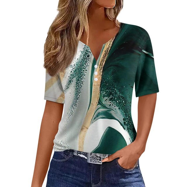 camiseta para mujer camiseta con estampado de botones manga corta diario fin de semana moda básica cuello en v regular top verde / 2xl
