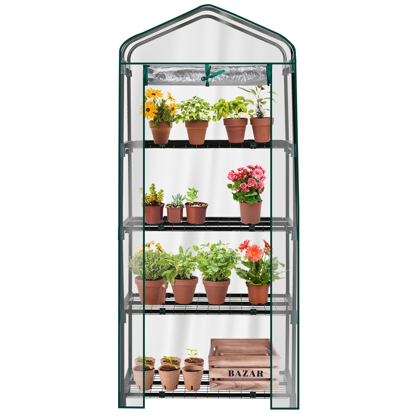 4-Tier Mini Greenhouse 27×19×62 in, Portable Plant Green House with PVC Cover, Roll-Up Zipper Door, Powder-Coated Steel Frame for Indoor Outdoor Patio Balcony