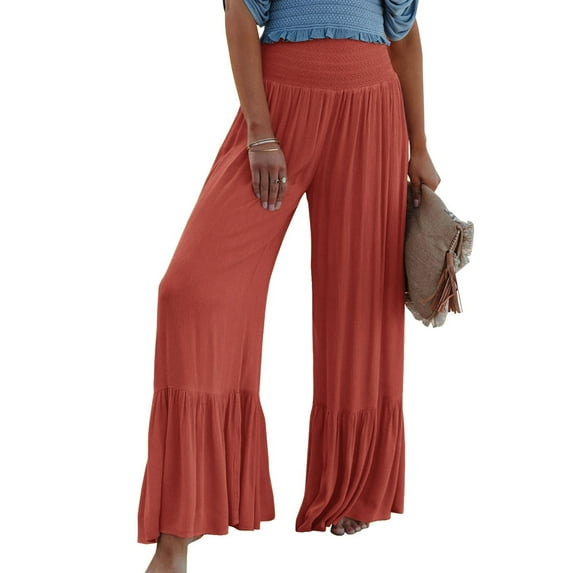 Sedceaty Women Fashion Wild Casual Pants Solid Color Elastic High Waist Wide-Leg Lounge Pants Summer Beach Loose Trousers