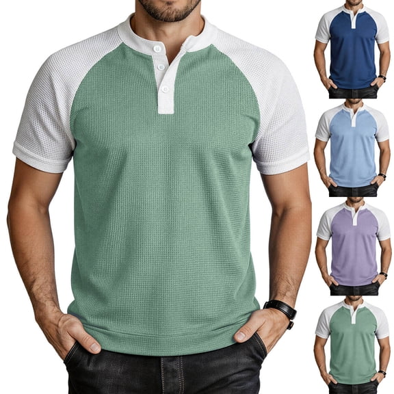 FRSASU Men's Henley Shirt Raglan Sleeve Colorblock Summer T-shirt Casual Collarless Slim Fit Button Down Tee Tops Purple