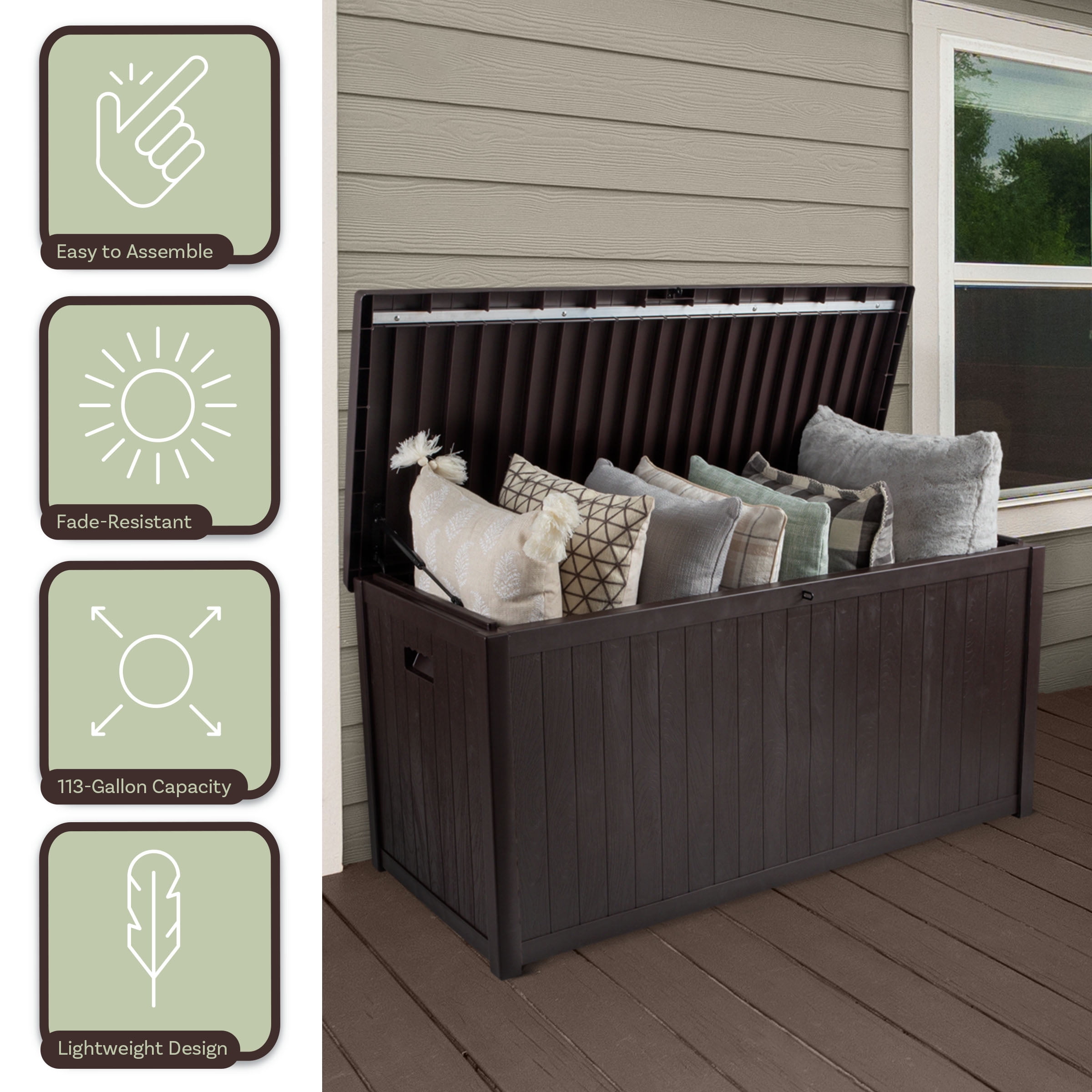 Pure Garden 113-Gallon Outdoor Storage Box - Durable Resin Deck Box, Brown