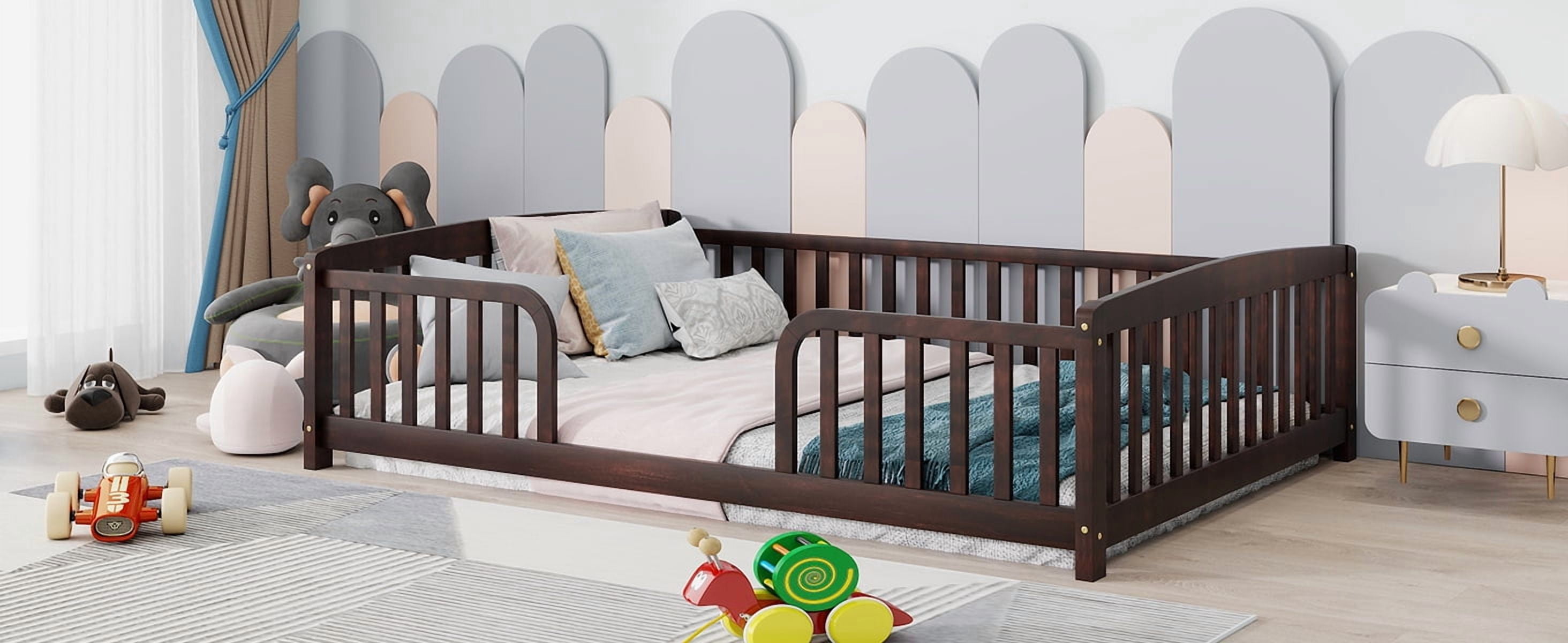 Mintazer Full Size Toddler Floor Bed with Guardrails & Central Entrance, Espresso