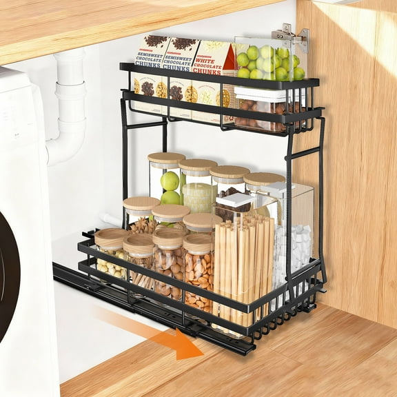 Glovv 2-Tier Metal Under Sink Organizers and Storage with Sliding Basket, Kitchen Bathroom Pull Out Cabinet Organizer Shelf, Under Sink Storage Shelf for Under Counter Storage, Black