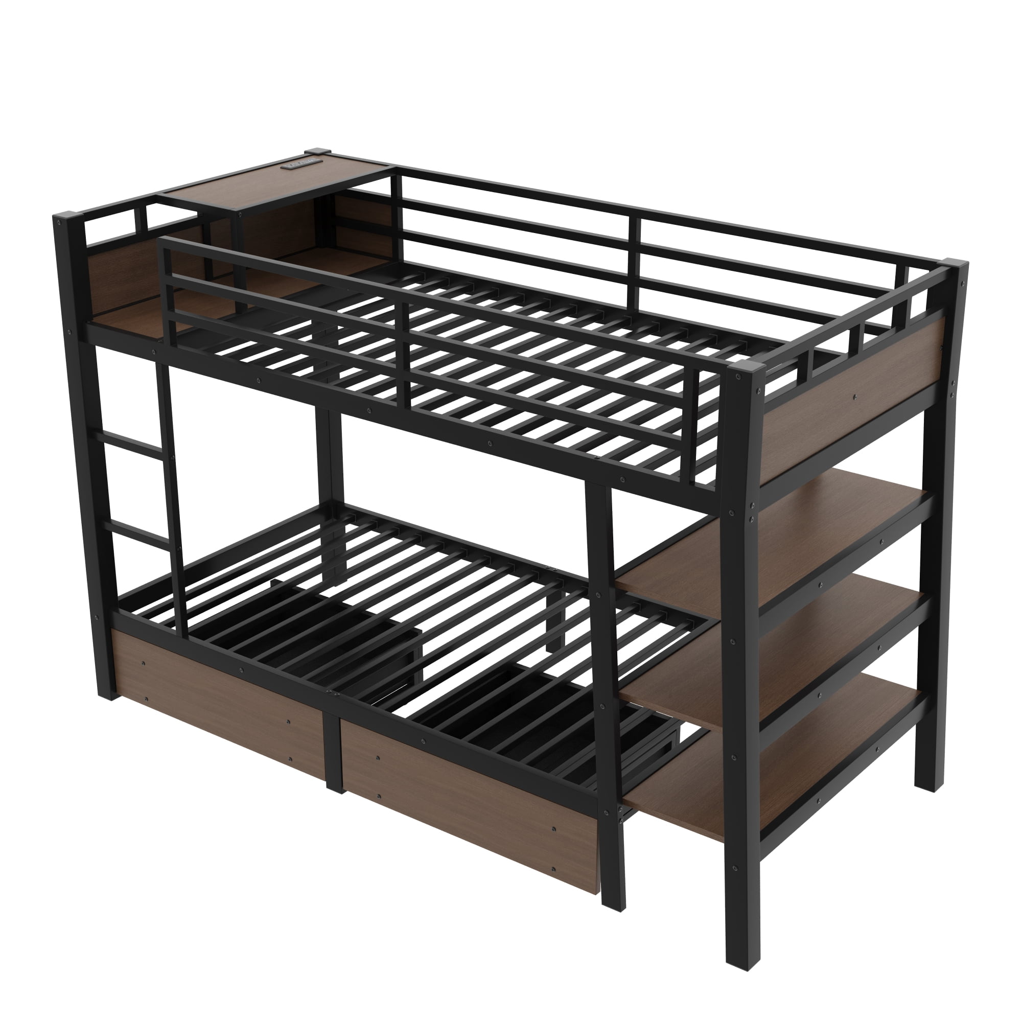Leumius Twin Size Metal Bunk Bed with 2 Storage Drawer,Heavy Duty Metal Bed Frame with Storage Shelves , LED light Strip and USB Power Strip,Black