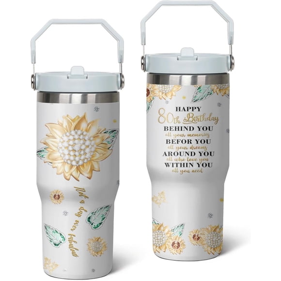 80th Birthday Gifts Cup, 30 Oz Stainless Steel Tumbler with Handle & Straw, 80 Year Old Birthday Gifts for Women Coffee Mug, 80th Birthday Decorations for Women, Happy 80th Birthday Gifts for Women
