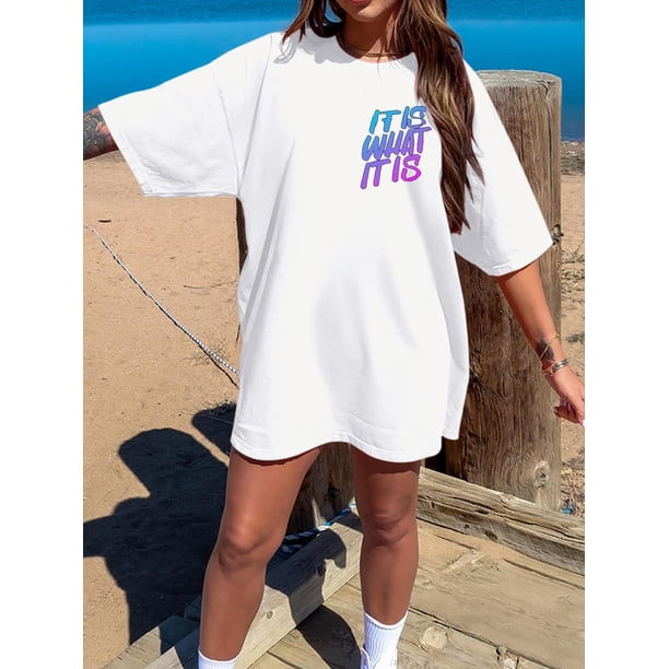 Women'S Casual Crew Neck T-Shirt, Polyester 100% Knit Fabric, Half Sleeve with Drop Shoulder, Regular Fit, Summer Alphabet Pattern Tee, No Belt - PKDZ042