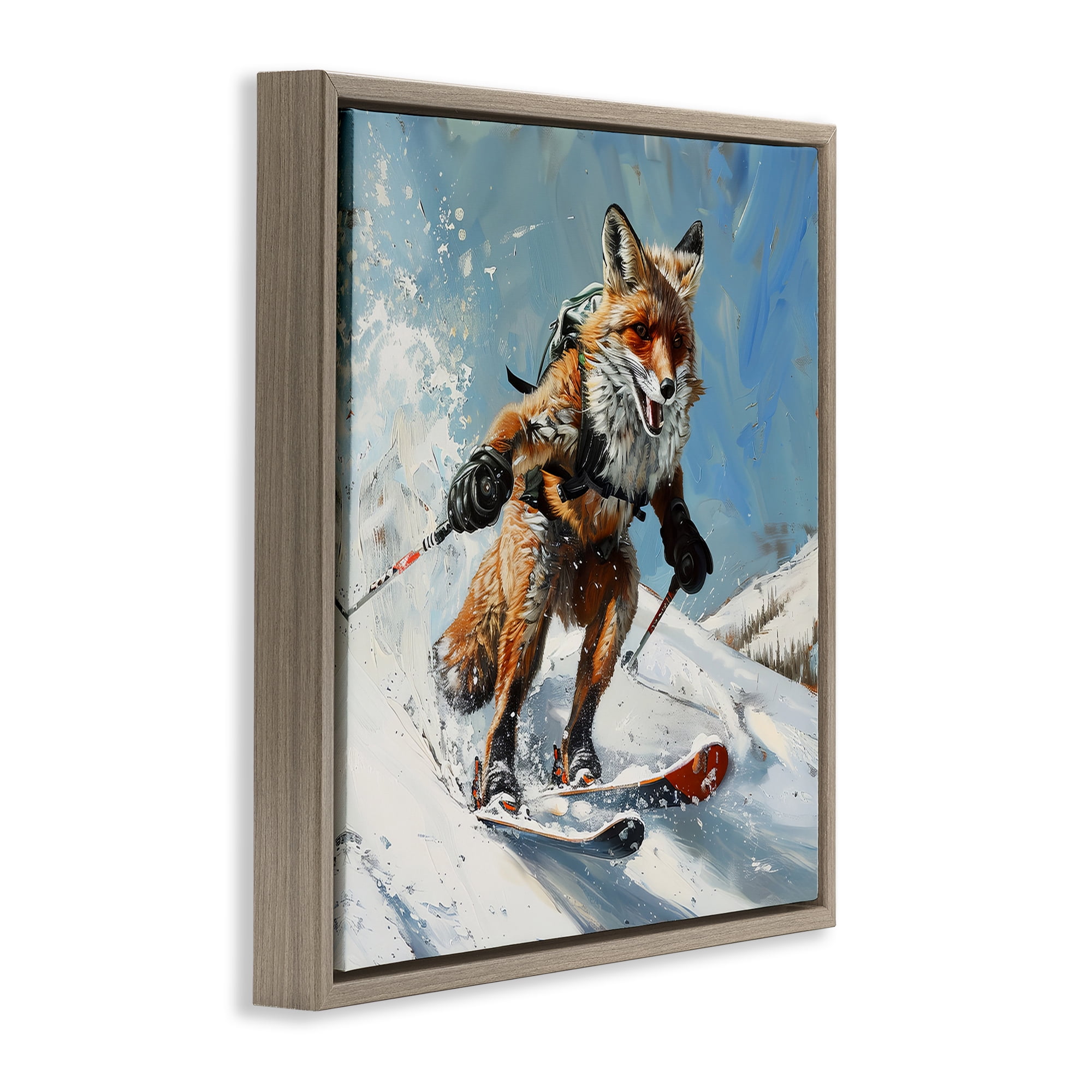 Stupell Industries Skiing Slopes Fox Animals Painting Brown Floater Framed Canvas Art Print Wall Art, 18 x 18