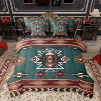 Homewish Western Boho Aztec Bedding Comforter Set 7pcs for Men, Rustic Mandala Hippie Queen Bedding Sets, Dark Green Abstract Reversible Queen Sheet Sets, Super Cozy Room Decor