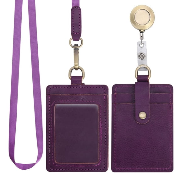 Wonderpool ID Badge Holder Genuine Leather Card Slots Case with Detachable Neck Lanyard and Retractable Badge Reel for Office School Hospital Exhibition ID & Driver Licence (Purple)