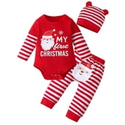ENFLASH Baby Boys Girls 1st Christmas Outfits Christmas Newborn 3 6 12 18 Months Santa Claus Clothes Romper Pants Hat 3Pcs Outfit