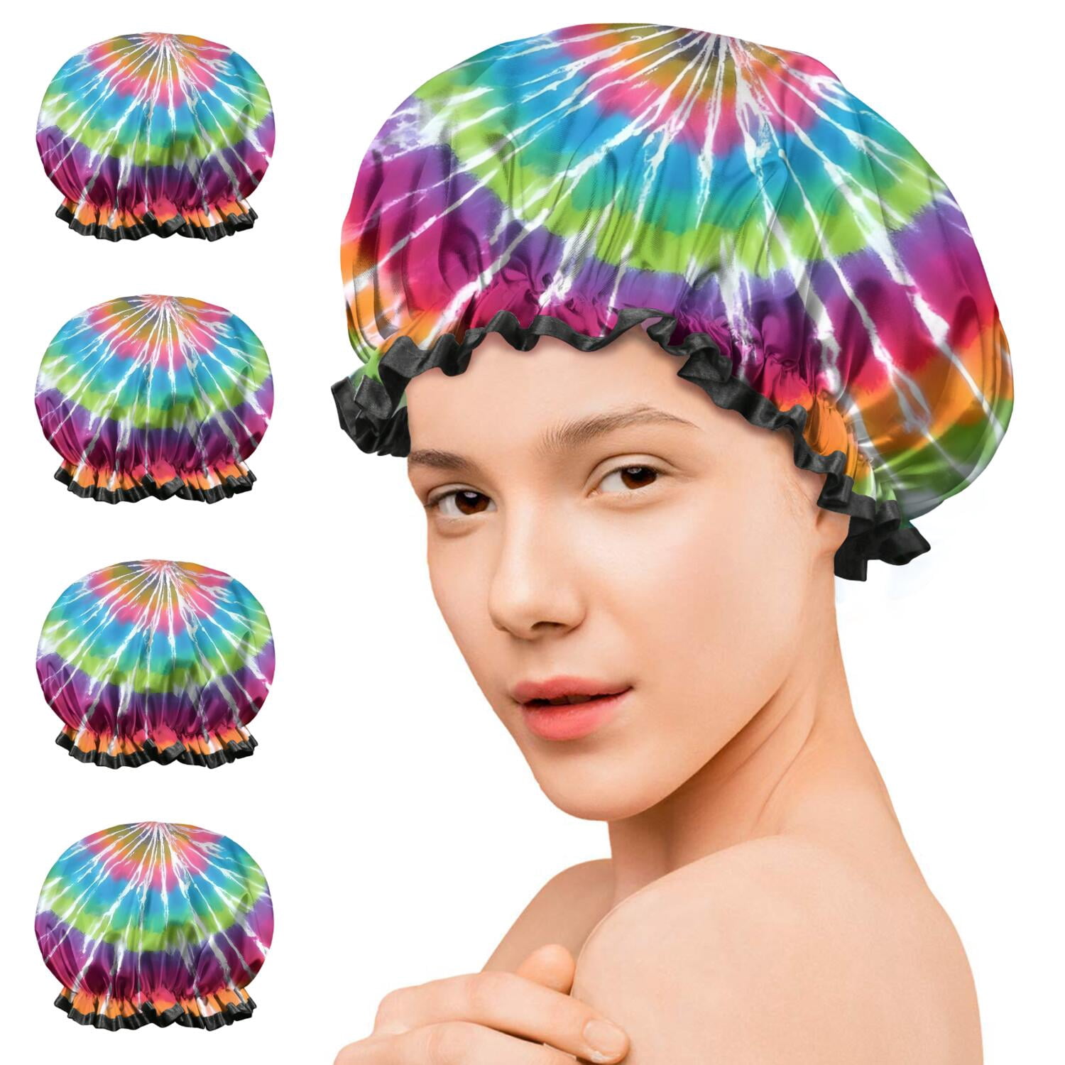 Shower Caps,Rainbow Tie Dye Mandala Pattern Waterproof Shower Cap for Women 4 Pieces,Double Reusable Hair Cover for Shower PEVA Elastic Stretch Hem