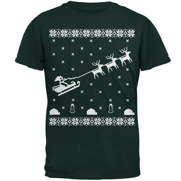 Flying Santa Sleigh Ugly XMAS Sweater Forest Adult T-Shirt - Small
